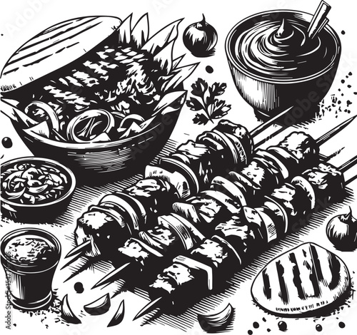 Barbeque street food collection in brush stroke texture isolated on white background. Hand drawn vector sketch illustration in vintage charcoal ink style. Shawarma, doner kebab, pita, meat on skewer