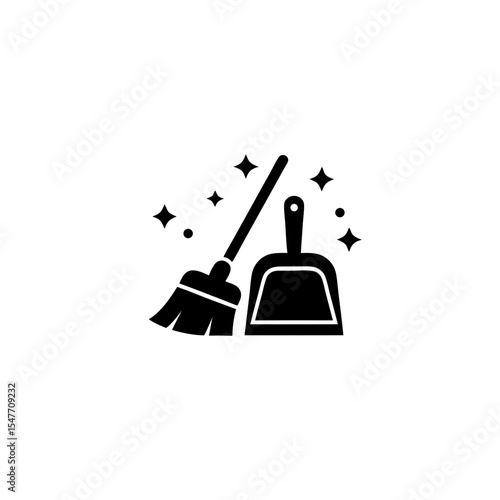 Cleaning tools with broom and dustpan in minimalist style  