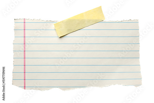 Torn notebook paper with tape isolated on transparent background