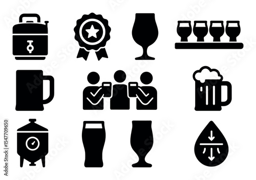 Brewery, bar solid icon set. beer, drink production icons in solid style