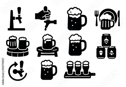 Beer and brewing silhouette icon set. glasses, taps, cans in solid style