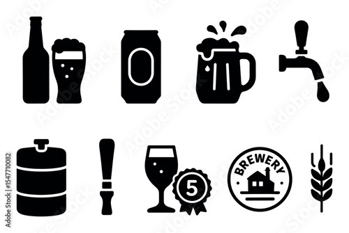 Beer brewing solid icon set. tap, mug, brewery, wheat, bar symbols in black