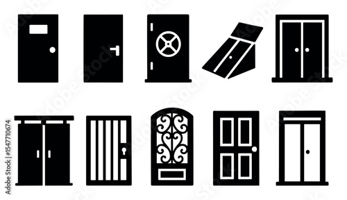 Door, entrance silhouette icon set. gateway, exit, security icons in silhouette style