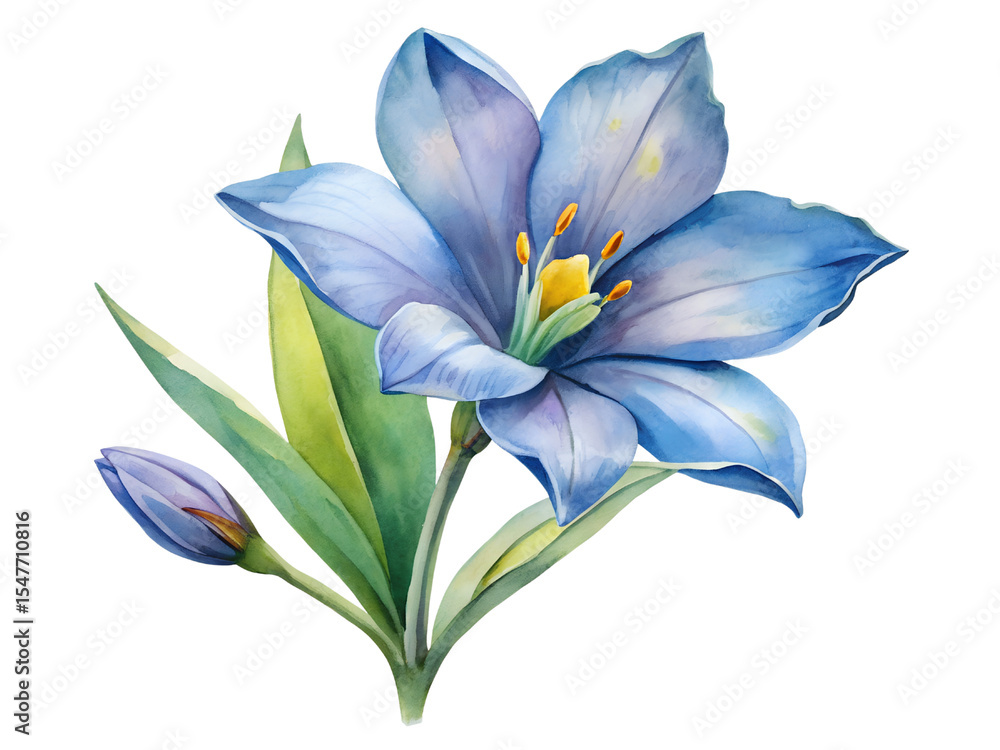 Fototapeta premium Watercolor Blue Flower with Bud and Green Leaves on Transparent Background