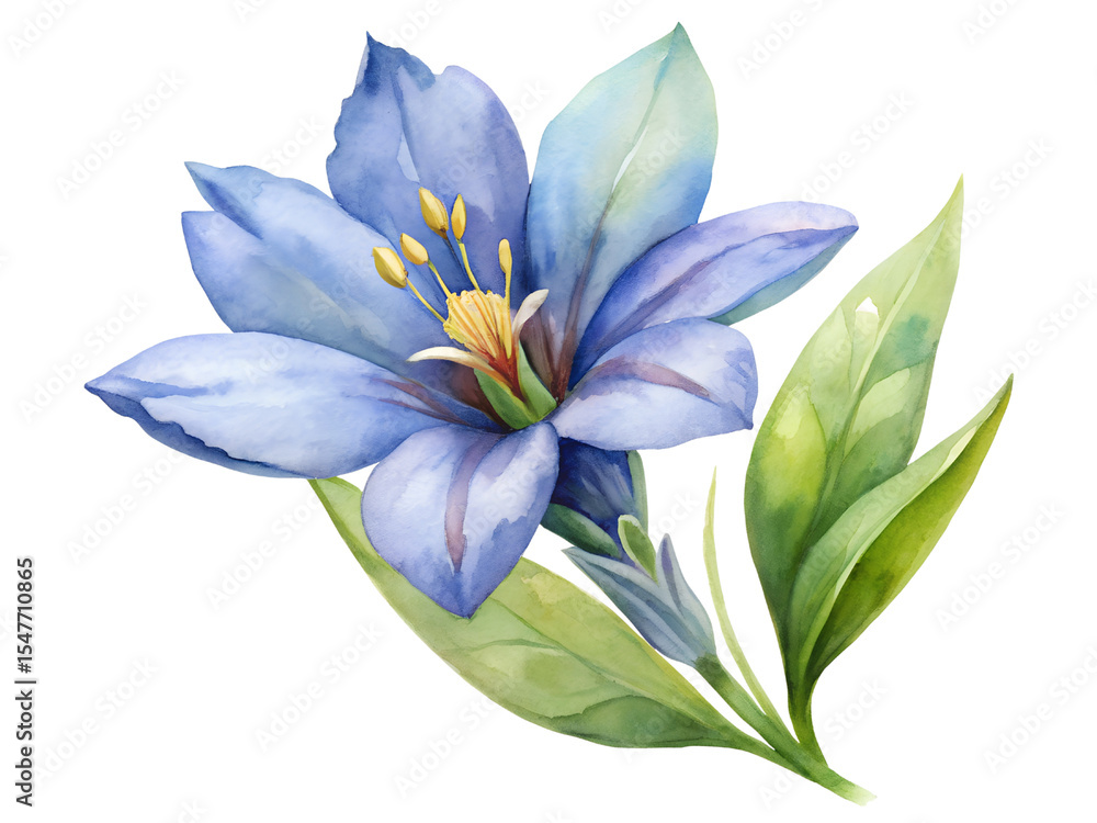Fototapeta premium Watercolor Blue Flower with Green Leaves on Transparent Background