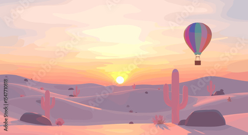 Pastel desert sunrise with hot air balloon
