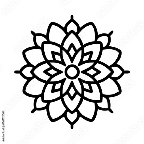 Black and white mandala illustration with intricate patterns and symmetrical design