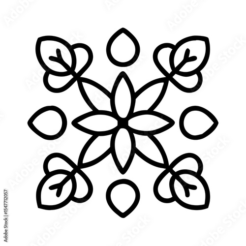 Geometric floral pattern with symmetrical arrangement of leaves and raindrop shapes