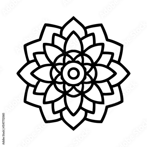 Symmetrical floral geometric mandala in black and white with intricate details