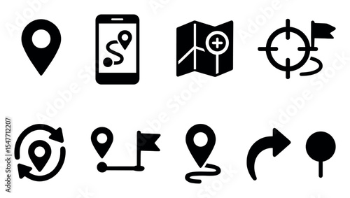 Navigation solid icon set. gps, maps, pin, location symbols collection