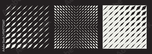 Set of three contrast abstract patterns featuring dynamic diagonal lines and geometric shapes. Blend effect creating optical illusions and visual movement on a black background. Vector illustration
