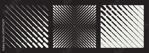 Set of three contrast abstract patterns featuring dynamic diagonal lines and geometric shapes. Blend effect creating optical illusions and visual movement on a black background. Vector illustration