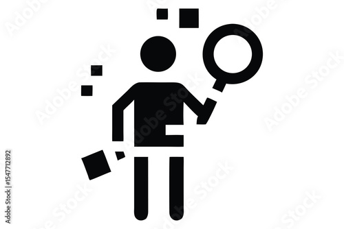 A stylized person with magnifying glass examines fragmented data.