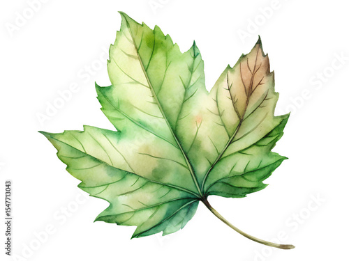 Watercolor Green Maple Leaf with Brown Hues on Transparent Background