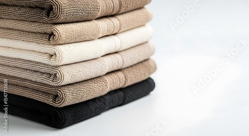 Stacked microfiber towels in neutral beige, cream, and black colors, clean and neatly folded for bathroom, spa, or home decor, isolated on white background, soft and absorbent fabric