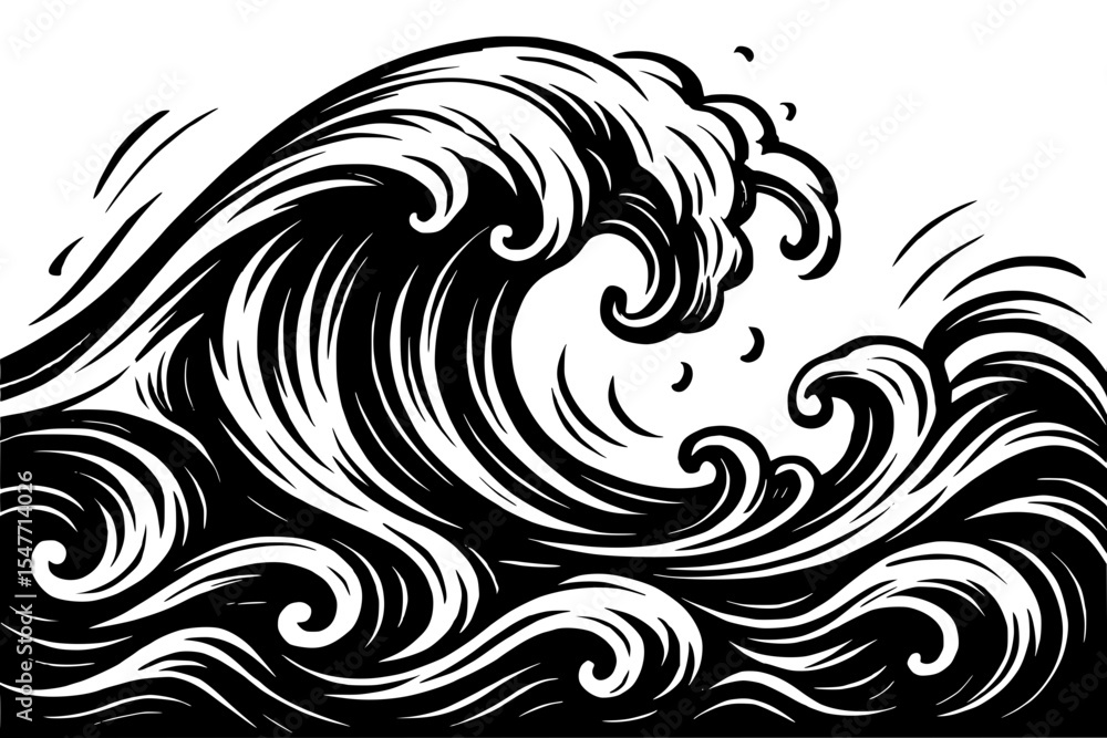 Fototapeta premium Stylized ocean wave illustration with flowing lines in black and white 