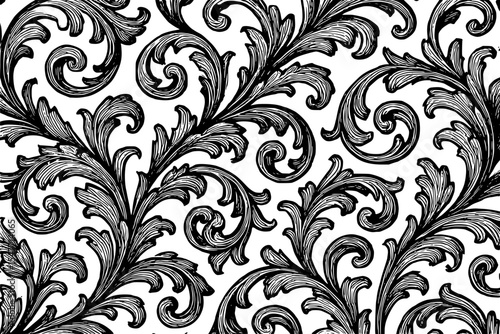 Ornate black and white floral pattern on textured background  
