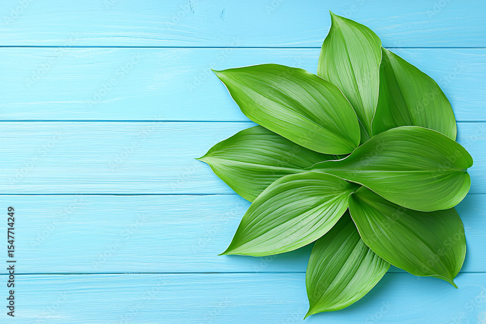 Fototapeta premium Fresh green leaves are arranged on light blue wooden surface, creating a natural background.