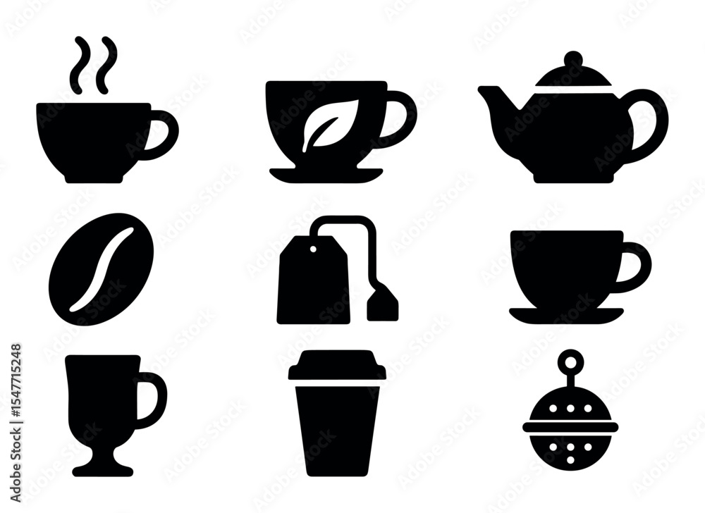 Coffee and tea solid icon set: cups, teapots, beans collection Coffee and tea solid icon set: cups, teapots, beans collection