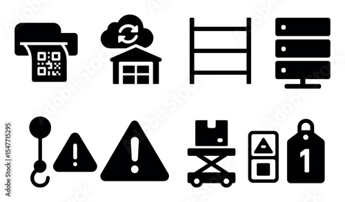 Warehouse management solid icon set. logistics, storage, inventory, operations icons