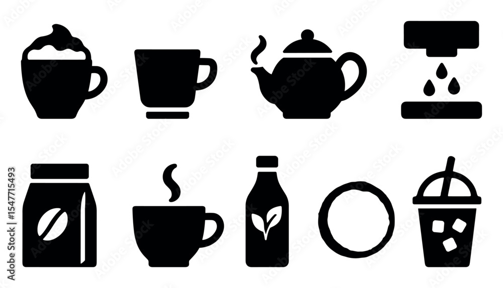Coffee, beverage silhouette icon set. cafe, drink essentials silhouette collection Coffee, beverage silhouette icon set. cafe, drink essentials silhouette collection