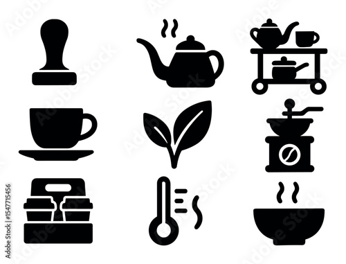 Tea and coffee solid icon set. brewing essentials in minimalist solid design