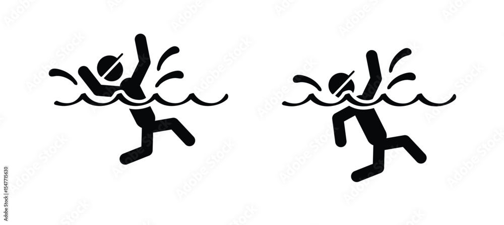 Cartoon kid, man or woman to sink or drown in the water, Can't swim. Stickman and two hands of drowning man in sea asking for help. Hands stretched. Helplessness, begs for rescue. No smimming. Cartoon kid, man or woman to sink or drown in the water, Can't swim. Stickman and two hands of drowning man in sea asking for help. Hands stretched. Helplessness, begs for rescue. No smimming.
