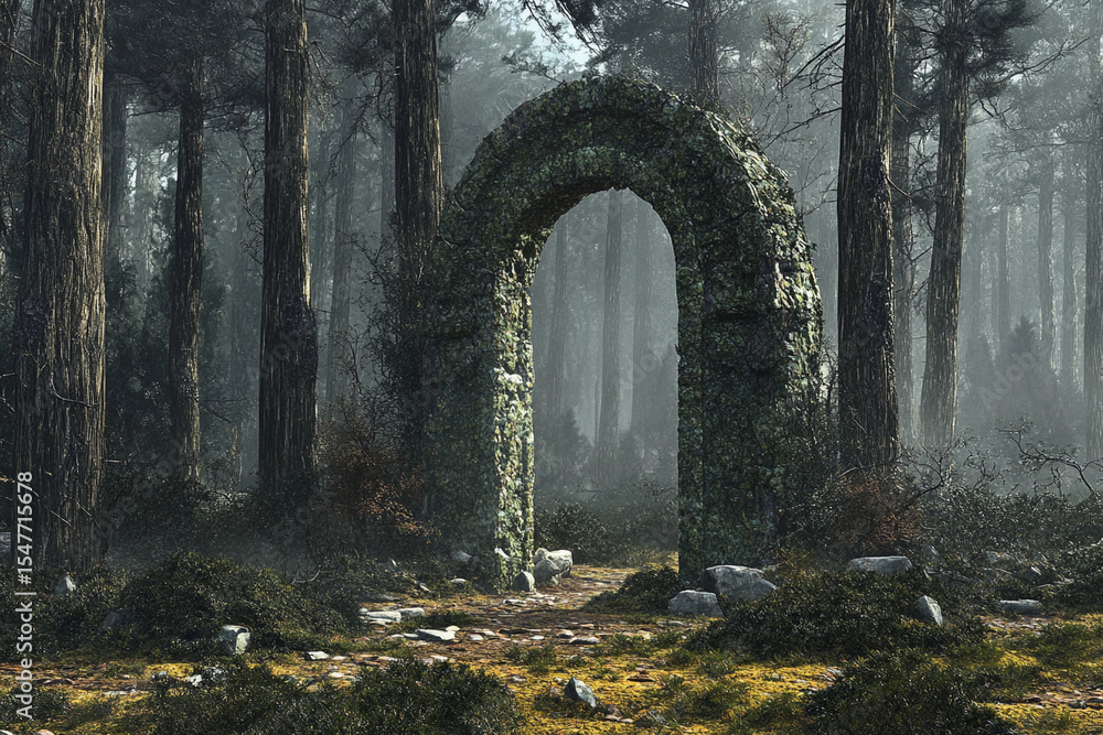 Obraz premium Mysterious stone gateway stands in a serene forest surrounded by tall trees on an overcast day