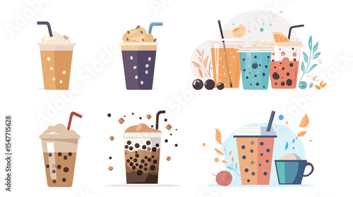 Colorful bubble tea vector graphic design featuring a transparent cup with tapioca pearls, vibrant straw, and refreshing drink elements, perfect for beverage menus, cafe branding, and trendy food 