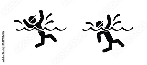Cartoon kid, man or woman to sink or drown in the water, Can't swim. Stickman and two hands of drowning man in sea asking for help. Hands stretched. Helplessness, begs for rescue. No smimming.