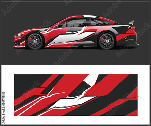 Modern Racing Car Wrap Design with Red White and Black Graphics