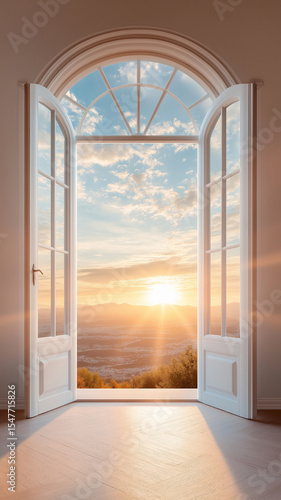 Beautiful sunrise view through open window