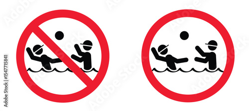 No water ball game. Stop mans playing in water with ball or volleyball. No Allowed water polo icon. Summer sports concept. Swim in the swimming pool. Ban, zone for play, jumping in the water