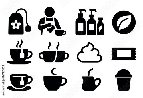 Beverage and tea solid icon set. cups, brewing essentials, nature-inspired icons