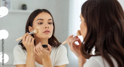 Woman applying foundation makeup with brush in front of mirror for beauty and skincare routine tutorial