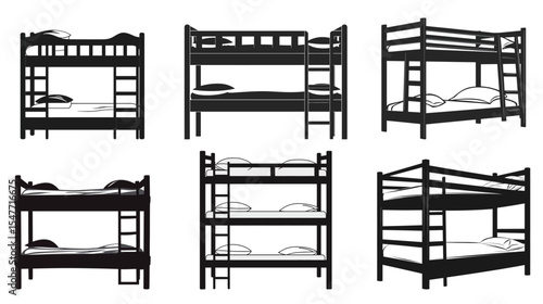 Black silhouette of a bunk bed with clean and simple design, representing shared bedroom furniture, space-saving solution for kids’ rooms, dormitories, and compact living areas, ideal for use in home,