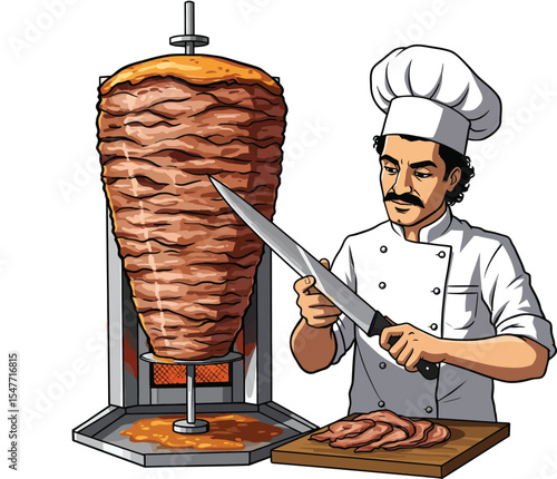 Illustration of a Turkish Chef cutting a doner slice, isolated on white background