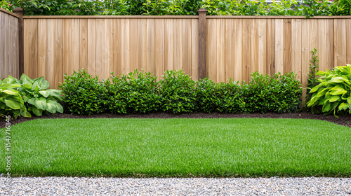 Fototapeta Naklejka Na Ścianę i Meble -  A well maintained lawn is seen with a wooden fence and trimmed bushes in a backyard garden.