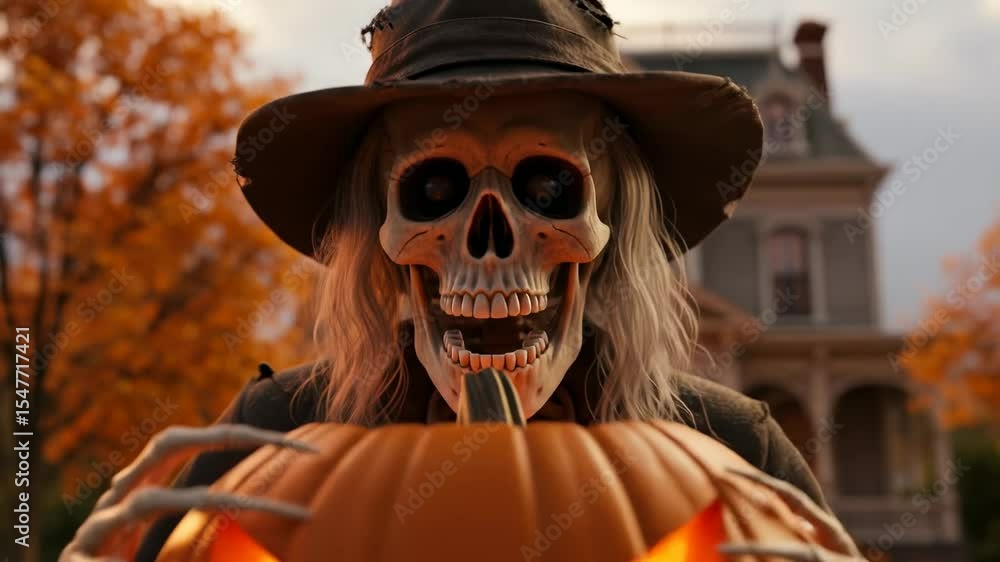 Halloween spooky skeleton figure with glowing orange pumpkin in autumnal landscape perfect for halloween themed marketing materials or social media posts Halloween spooky skeleton figure with glowing orange pumpkin in autumnal landscape perfect for halloween themed marketing materials or social media posts