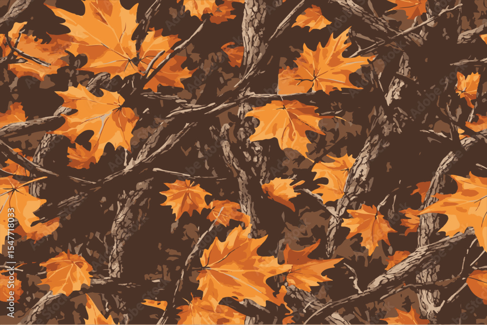 Fototapeta premium A camouflage pattern with an autumn color scheme, featuring leaves and branches for hunting. The background is made of camo fabric with tree foliage and orange fall leaf patterns.
