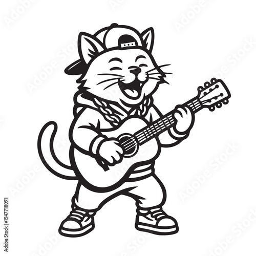 Cartoon-style hip-hop cat in streetwear jamming on a guitar. Fun vector illustration with musical and urban character appeal.