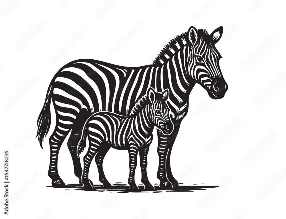 Obraz premium Mother zebra and baby foal standing side by side in a bold striped vector artwork. Strong family theme and wildlife presence.