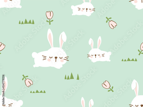 Seamless pattern with sleeping bunny rabbit cartoons and tulip flower on green grass background vector. 