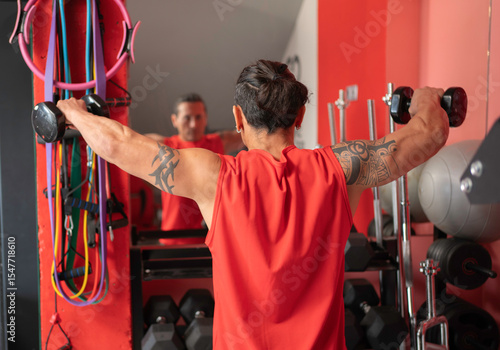 Canvas Print Strong sportsman wearing red sleeveless shirt performing lateral raise exercise
