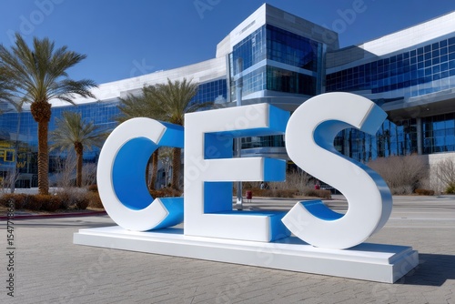 Large CES sign stands before modern glass building on a sunny day