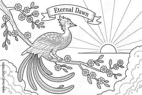 Mythical bird perched, eternal dawn, floral branches.
