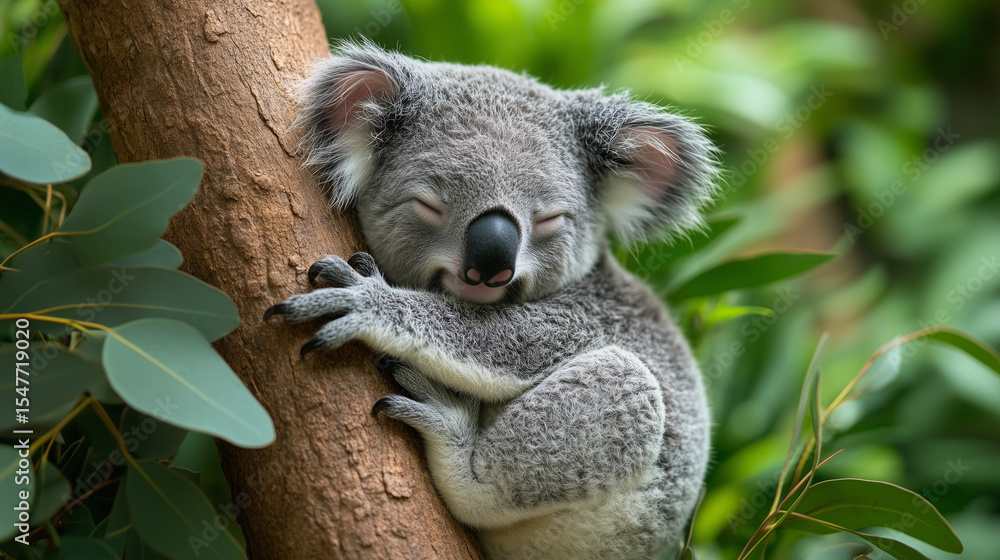 Obraz premium Sleeping Koala Hugging Tree in Lush Eucalyptus Forest