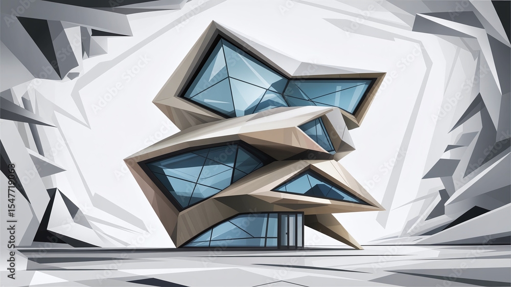 Obraz premium Futuristic, angular building in a white, abstract space. 