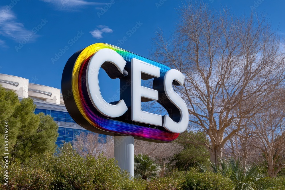Fototapeta premium Large CES sign with rainbow detail against a blue sky and landscape setting