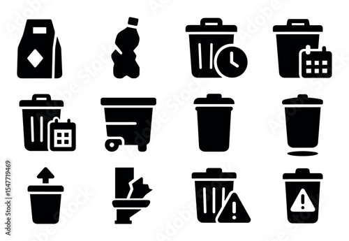 Waste management silhouette icon set. trash, recycling, disposal icons collection